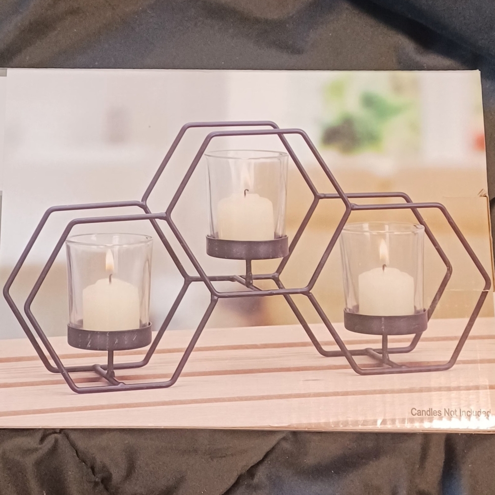 Hexagonal Triple Tea Light Votive Candle Holder - Brown